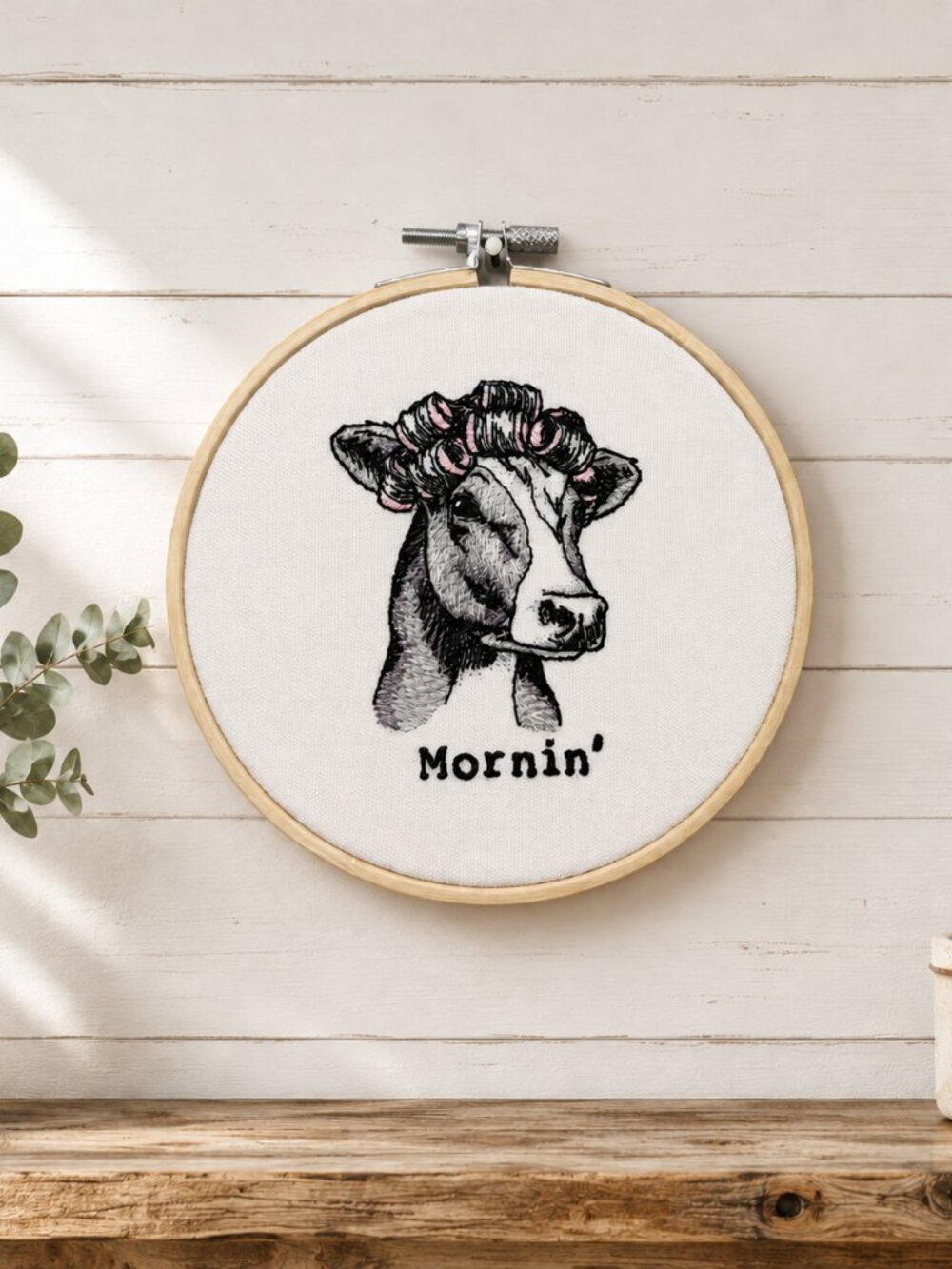 Mornin' Cow Embroidery Hoop Wall Art, 6 Inch Embroidery Decor